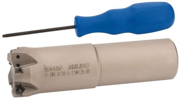 Iscar - 1-1/2" Cut Diam, 0.04" Max Depth, 1-1/4" Shank Diam, Weldon Shank Indexable High-Feed End Mill - Screw Holding Method, H600 WXCU 05 Insert, FF EWX-05 Toolholder, Through Coolant - Eagle Tool & Supply