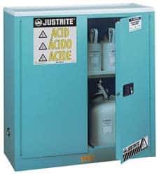 Justrite - 2 Door, 1 Shelf, Blue Steel Standard Safety Cabinet for Corrosive Chemicals - 44" High x 43" Wide x 18" Deep, Manual Closing Door, 3 Point Key Lock, 30 Gal Capacity - Eagle Tool & Supply