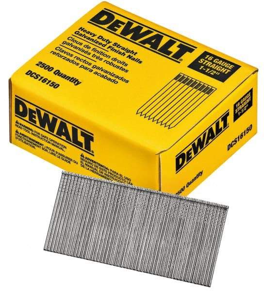 DeWALT - 16 Gauge 1-1/2" Long Finishing Nails for Power Nailers - Grade 2 Steel, Galvanized Finish, Straight Stick Collation - Eagle Tool & Supply