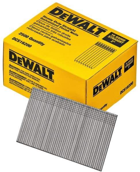 DeWALT - 16 Gauge 2" Long Finishing Nails for Power Nailers - Grade 2 Steel, Galvanized Finish, Straight Stick Collation - Eagle Tool & Supply