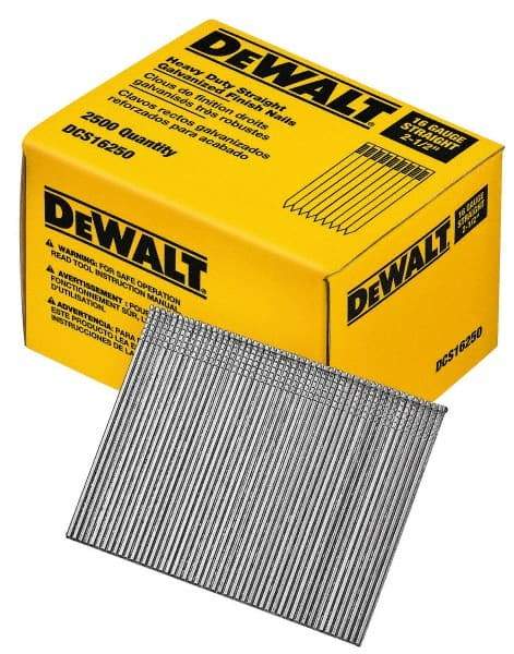 DeWALT - 16 Gauge 2-1/2" Long Finishing Nails for Power Nailers - Grade 2 Steel, Galvanized Finish, Straight Stick Collation - Eagle Tool & Supply