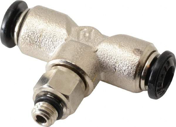 Alpha Technologies - 4mm Outside Diam, M5 Metric, Nickel Plated Brass Push-to-Connect Tube Male Swivel Branch Tee - 250 Max psi, Tube to Metric Thread Connection, Buna O-Ring - Eagle Tool & Supply