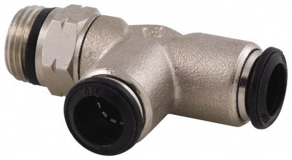 Alpha Technologies - 10mm Outside Diam, 3/8 Universal, Nickel Plated Brass Push-to-Connect Tube Male Swivel Run Tee - 250 Max psi, Tube to Universal Thread Connection, Buna O-Ring - Eagle Tool & Supply