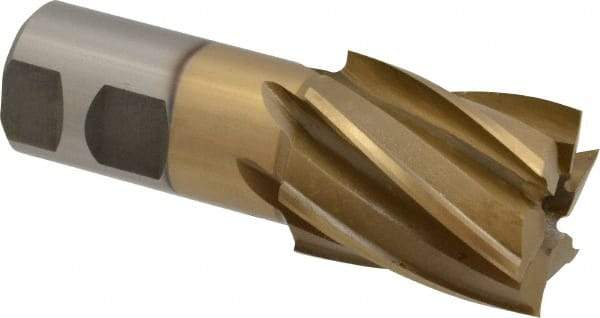 Interstate - 1-5/8", 2" LOC, 1-1/4" Shank Diam, 4-1/2" OAL, 6 Flute, High Speed Steel Square End Mill - Single End, TiN Finish, Spiral Flute, 30° Helix, Right Hand Cut, Right Hand Flute - Eagle Tool & Supply