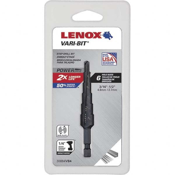 Lenox - 6 Hole Sizes, 3/16 to 1/2" Hole Diam High Speed Steel Split Point Step Drill Bit - Eagle Tool & Supply