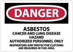 NMC - "Danger - Asbestos Cancer and Lung Disease Hazard - Authorized Personnel Only", 10" Long x 14" Wide, Pressure-Sensitive Vinyl Safety Sign - Rectangle, 0.004" Thick, Use for Hazardous Materials - Eagle Tool & Supply