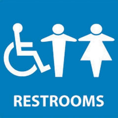 NMC - Restrooms, 7" Wide x 7" High, Vinyl Sign - English, White on Blue, Wall Mount - Eagle Tool & Supply