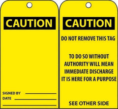 NMC - 3" High x 6" Long, CAUTION, English Safety & Facility Accident Prevention Tag - Tag Header: CAUTION, 2 Sides, Black & Yellow Unrippable Vinyl - Eagle Tool & Supply