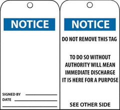NMC - 3" High x 6" Long, Notice, English Safety & Facility Accident Prevention Tag - Tag Header: Notice, 2 Sides, Black, Blue & White Unrippable Vinyl - Eagle Tool & Supply