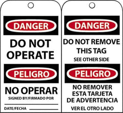 NMC - 3" High x 6" Long, DANGER - DO NOT OPERATE, English & Spanish Safety & Facility Accident Prevention Tag - Tag Header: Danger, 2 Sides, Black, Red & White Unrippable Vinyl - Eagle Tool & Supply