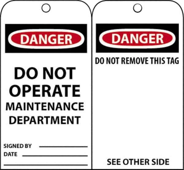 NMC - 3" High x 6" Long, DANGER - DO NOT OPERATE-MAINTENANCE DEPARTMENT, English Safety & Facility Accident Prevention Tag - Tag Header: Danger, 2 Sides, Black, Red & White Unrippable Vinyl - Eagle Tool & Supply