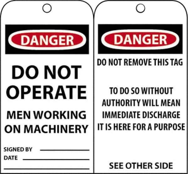 NMC - 3" High x 6" Long, DANGER - DO NOT OPERATE - MEN WORKING ON MACHINERY, English Safety & Facility Accident Prevention Tag - Tag Header: Danger, 2 Sides, Black, Red & White Unrippable Vinyl - Eagle Tool & Supply