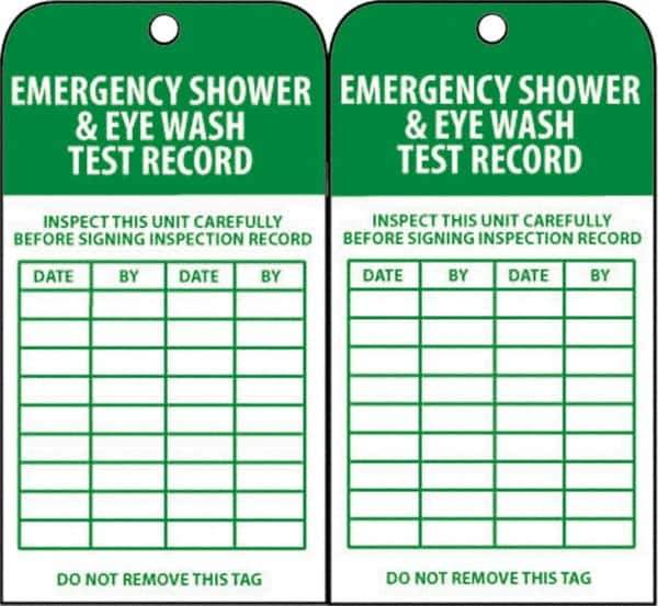 NMC - 3" High x 6" Long, EMERGENCY SHOWER & EYE WASH TEST RECORD, English Safety & Facility Accident Prevention Tag - Tag Header: Danger, 2 Sides, Green & White Unrippable Vinyl - Eagle Tool & Supply