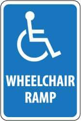 NMC - "Wheelchair Ramp", "Handicap Symbol", 12" Wide x 6" High, Aluminum ADA Signs - 0.08" Thick, Blue on White, Engineer Grade Reflectivity, Rectangle, Post Mount - Eagle Tool & Supply