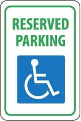 NMC - "Reserved Parking", "Handicapped Symbol", 12" Wide x 18" High, Aluminum ADA Signs - 0.063" Thick, Green & Blue on White, Rectangle, Post Mount - Eagle Tool & Supply