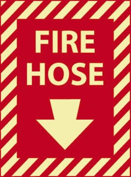 NMC - Fire Hose, Pressure Sensitive Vinyl Fire Sign - 9" Wide x 12" High, Glow-in-the-Dark - Eagle Tool & Supply