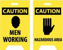 NMC - Caution - Men Working, Caution - Hazardous Area, 12" Wide x 19" High, Plastic Floor Sign - A-Frame, Black on Yellow, For Accident Prevention - Eagle Tool & Supply