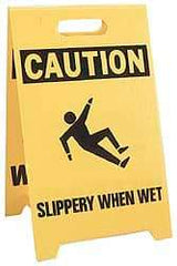NMC - Caution - Wet Floor, Caution - Slippery When Wet, 12" Wide x 19" High, Plastic Floor Sign - A-Frame, Black on Yellow, For Restroom, Janitorial & Housekeeping - Eagle Tool & Supply