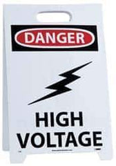 NMC - Danger - High Voltage, Warning - Restricted Area, 12" Wide x 19" High, Plastic Floor Sign - A-Frame, Red & Black on White, For Accident Prevention - Eagle Tool & Supply
