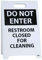 NMC - Do Not Enter - Restroom Closed for Cleaning, Do Not Enter - Work in Progress, 12" Wide x 19" High, Plastic Floor Sign - A-Frame, Black on White, For Restroom, Janitorial & Housekeeping - Eagle Tool & Supply
