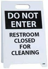 NMC - Do Not Enter - Restroom Closed for Cleaning, Do Not Enter - Work in Progress, 12" Wide x 19" High, Plastic Floor Sign - A-Frame, Black on White, For Restroom, Janitorial & Housekeeping - Eagle Tool & Supply