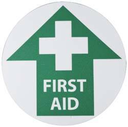 NMC - First Aid, Anti-Skid Pressure-Sensitive Vinyl Floor Sign - Round, Green on White, Adhesive Backed, For First Aid - Eagle Tool & Supply