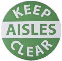 NMC - Keep Aisles Clear, Anti-Skid Pressure-Sensitive Vinyl Floor Sign - Round, Green on White, Adhesive Backed, For Accident Prevention - Eagle Tool & Supply