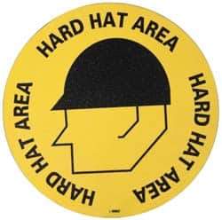NMC - Hard Hat Area, Anti-Skid Pressure-Sensitive Vinyl Floor Sign - Round, Black on Yellow, Adhesive Backed, For Accident Prevention - Eagle Tool & Supply