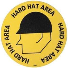 NMC - Hard Hat Area, Anti-Skid Pressure-Sensitive Vinyl Floor Sign - Round, Black on Yellow, Adhesive Backed, For Accident Prevention - Eagle Tool & Supply