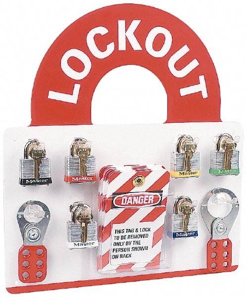 NMC - 10 Piece, Equipped Plexiglass Tag and Padlock / Hasp Station - 14 Inch Wide x 15-1/2 Inch High, White and White on Red - Eagle Tool & Supply