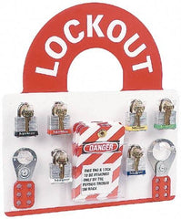 NMC - 10 Piece, Equipped Plexiglass Tag and Padlock / Hasp Station - 14 Inch Wide x 15-1/2 Inch High, White and White on Red - Eagle Tool & Supply