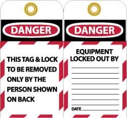 NMC - 3" High x 6" Long, DANGER - THIS TAG & LOCK TO BE REMOVED ONLY BY THE PERSON SHOWN ON BACK, English Safety & Facility Lockout Tag - Tag Header: Danger, 2 Sides, Black, Red & White Unrippable Vinyl - Eagle Tool & Supply
