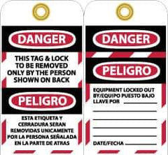NMC - 3" High x 6" Long, DANGER - THIS TAG & LOCK TO BE REMOVED ONLY BY THE PERSON SHOWN ON BACK, Safety & Facility Lockout Tag - Tag Header: Danger, 2 Sides, Black, Red & White Unrippable Vinyl - Eagle Tool & Supply