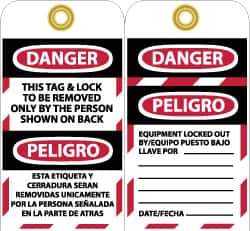 NMC - 3" High x 6" Long, DANGER - THIS TAG & LOCK TO BE REMOVED ONLY BY THE PERSON SHOWN ON BACK, English & Spanish Safety & Facility Lockout Tag - Tag Header: Danger, 2 Sides, Black, Red & White Unrippable Vinyl - Eagle Tool & Supply