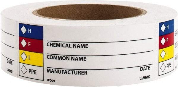 NMC - Hazardous Materials Label - Legend: H - F - I - PPE - Chemical Name ___ Common Name ___ Manufacturer ___ Date ___, English, Black, Blue, Red, Yellow & White, 4" Long x 1-1/2" High, Sign Muscle Finish - Eagle Tool & Supply