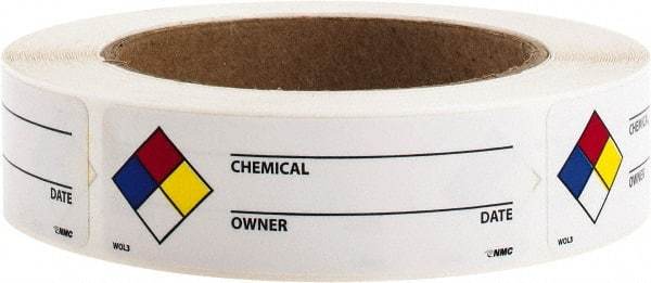 NMC - Hazardous Materials Label - Legend: Chemical ___ - Owner ___ - Date ___, English, Black, Blue, Red, Yellow & White, 3" Long x 1" High, Sign Muscle Finish - Eagle Tool & Supply