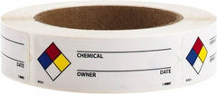 NMC - Hazardous Materials Label - Legend: Chemical ___ - Owner ___ - Date ___, English, Black, Blue, Red, Yellow & White, 3" Long x 1" High, Sign Muscle Finish - Eagle Tool & Supply
