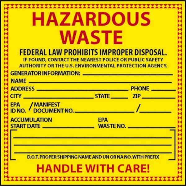 NMC - "Hazardous Waste - Federal Law Prohibits Improper Disposal", 6" Long x 6" Wide, Pressure-Sensitive Vinyl Safety Sign - Square, 0.004" Thick, Use for Hazardous Materials - Eagle Tool & Supply