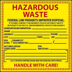 NMC - "Hazardous Waste - Federal Law Prohibits Improper Disposal", 6" Long x 6" Wide, Pressure-Sensitive Vinyl Safety Sign - Square, 0.004" Thick, Use for Hazardous Materials - Eagle Tool & Supply