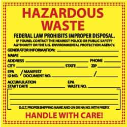 NMC - Hazardous Materials Label - Legend: Hazardous Waste - Federal Law Prohibits Improper Disposal, English, Red & Black & Yellow, 6" Long x 6" High, Sign Muscle Finish - Eagle Tool & Supply