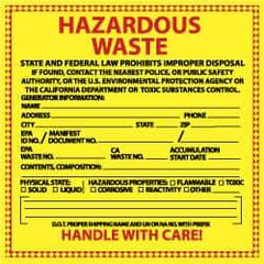 NMC - Hazardous Materials Label - Legend: Hazardous Waste - State and Federal Law Prohibits Improper Disposal, English, Red & Black & Yellow, 6" Long x 6" High, Sign Muscle Finish - Eagle Tool & Supply