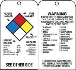 NMC - 3" High x 6" Long, HEALTH HAZARD - FIRE HAZARD - SPECIFIC HAZARD - INSTABILITY - HAZARD RATINGS, English Safety & Facility Accident Prevention Tag - Tag Header: Warning, 2 Sides, Black & White Unrippable Vinyl - Eagle Tool & Supply
