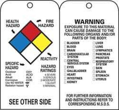 NMC - 3" High x 6" Long, HEALTH HAZARD - FIRE HAZARD - SPECIFIC HAZARD - INSTABILITY - HAZARD RATINGS, English Safety & Facility Accident Prevention Tag - Tag Header: Warning, 2 Sides, Black & White Unrippable Vinyl - Eagle Tool & Supply