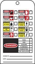 NMC - 3" High x 6" Long, DANGER - TOXIC ACID ALKALINE FLAMMABLE COMBUSTIBLE USE VENTILATION, English Safety & Facility Accident Prevention Tag - Tag Header: Danger, 2 Sides, Black, Red & White Unrippable Vinyl - Eagle Tool & Supply