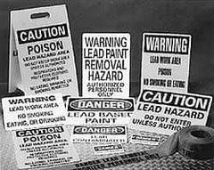 NMC - Caution - Poison - Lead Hazard Area - Do Not Enter Work Area Unless Authorized - Respirator and Protective Clothing..., 12" Wide x 19" High, Plastic Floor Sign - A-Frame, Black on Yellow, For Accident Prevention - Eagle Tool & Supply