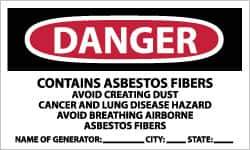 NMC - "Danger - Contains Asbestos Fibers - Avoid Creating Dust - Cancer and Lung Disease Hazard - Avoid Breathing Airborne...", 3" Long x 5" Wide, Pressure-Sensitive Vinyl Safety Sign - Rectangle, 0.004" Thick, Use for Hazardous Materials - Eagle Tool & Supply