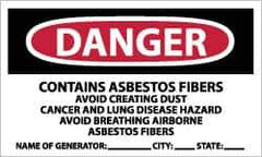 NMC - "Danger - Contains Asbestos Fibers - Avoid Creating Dust - Cancer and Lung Disease Hazard - Avoid Breathing Airborne...", 3" Long x 5" Wide, Pressure-Sensitive Vinyl Safety Sign - Rectangle, 0.004" Thick, Use for Hazardous Materials - Eagle Tool & Supply