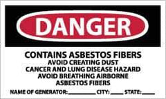NMC - "Danger - Contains Asbestos Fibers - Avoid Creating Dust - Cancer and Lung Disease Hazard - Avoid Breathing Airborne...", 3" Long x 5" Wide, Paper Safety Sign - Rectangle, Use for Hazardous Materials - Eagle Tool & Supply
