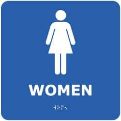 NMC - Women, 8" Wide x 8" High, Plastic Sign - English, Braille, White on Blue, Wall Mount - Eagle Tool & Supply