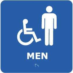NMC - Men, 8" Wide x 8" High, Plastic Sign - English, Braille, White on Blue, Wall Mount - Eagle Tool & Supply